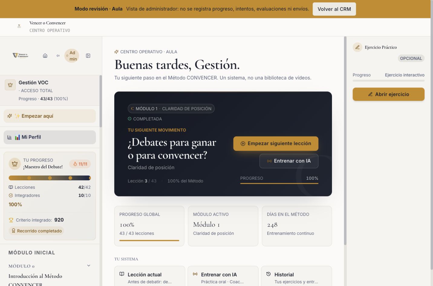Campus Vencer o Convencer: lecciones, ejercicio práctico y entrenamiento con IA